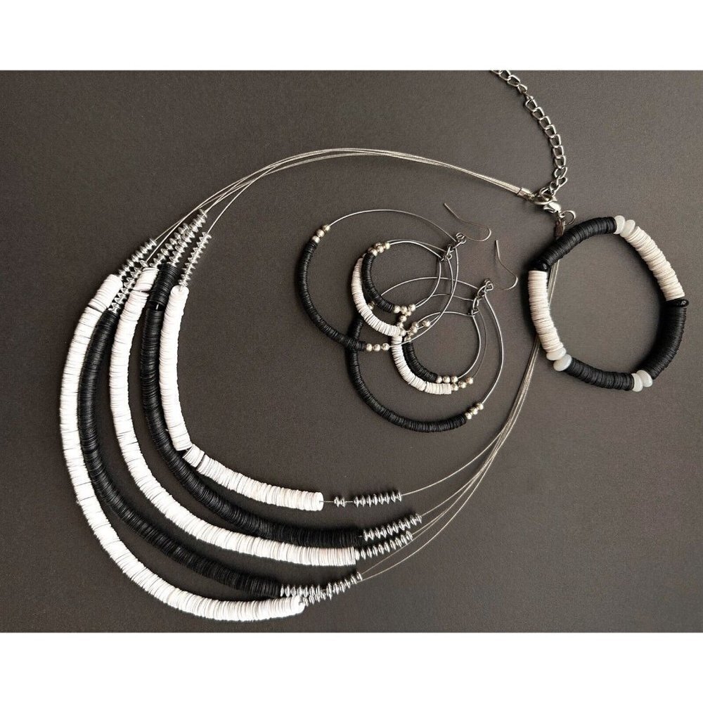 JEWELRY SET black white small round disks bead necklace hoop earrings & bracelet